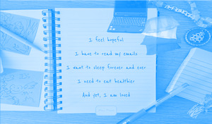 duotone screenshot of work with cookies and pillows and text 'i feel hopeful'